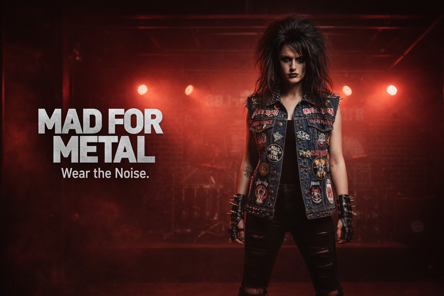 Person in a punk rock style outfit with 'Mad for Metal' text on a dark background